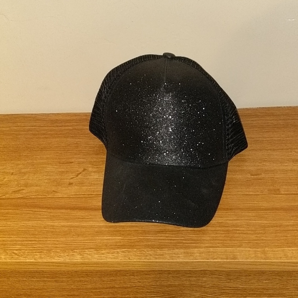 Black high ponytail hat with black sparkly front